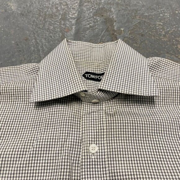 TOM FORD Gray White Cotton Micro Gingham Button Up Shirt - Picture 3 of 8